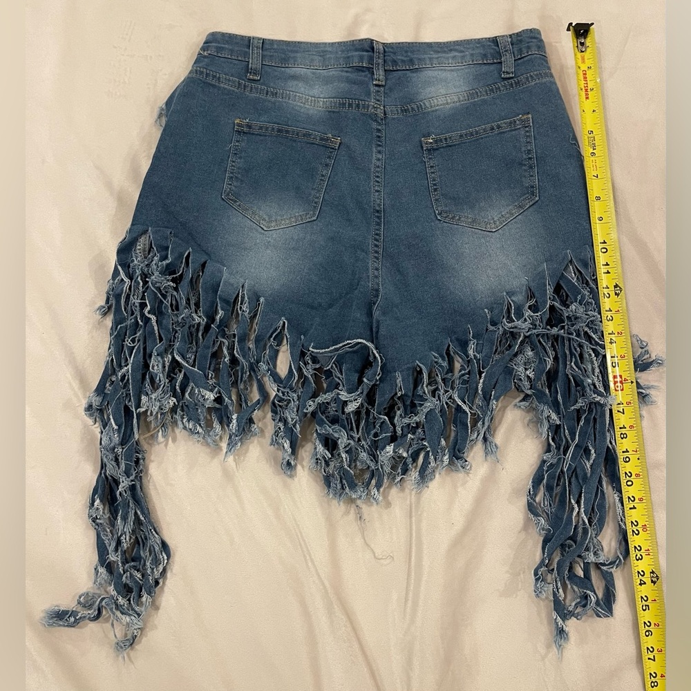 Denim Fringe Jean Shorts - Blue - Picture 5 of 6